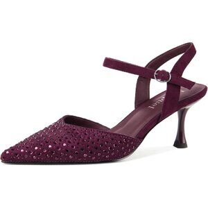 Women's Burgundy-Suede Rhinestone Pointed Toe Stiletto Ankle Strap Buckle Heels